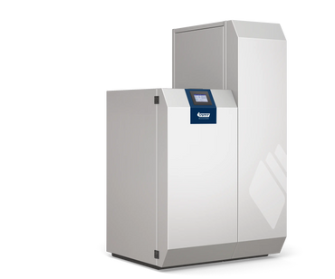 Pelletkessel PKP-Kompakt 15–30 kW mit Zugbegrenzer, Kesselsicherheitsgruppe & Kesselrücklaufanhebung NMT Heizsysteme