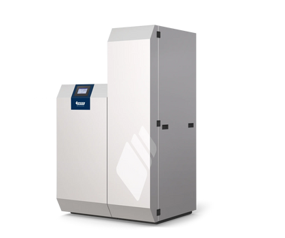Pelletkessel PKP-Kompakt 15–30 kW mit Zugbegrenzer, Kesselsicherheitsgruppe & Kesselrücklaufanhebung NMT Heizsysteme