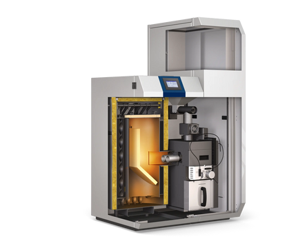 Pelletkessel PKP-Kompakt 15–30 kW mit Zugbegrenzer, Kesselsicherheitsgruppe & Kesselrücklaufanhebung NMT Heizsysteme