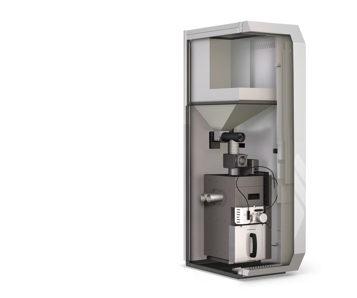 Pelletkessel PKP-Kompakt 15–30 kW mit Zugbegrenzer, Kesselsicherheitsgruppe & Kesselrücklaufanhebung NMT Heizsysteme